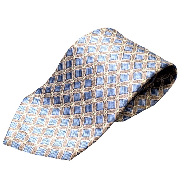 Geoffrey Beene Other - Geoffrey Beene Geometric Circle Pattern Classic Tie Men's Blue Tan Silk Necktie